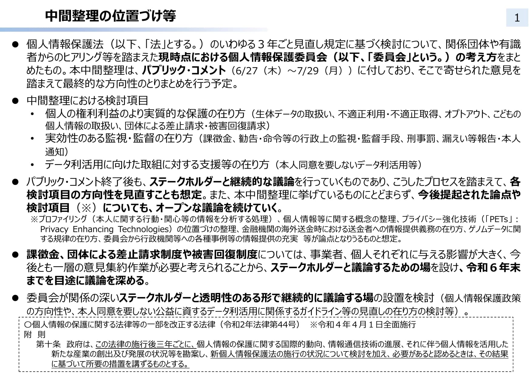 個人情報保護法 3年ごと見直し中間整理（概要）